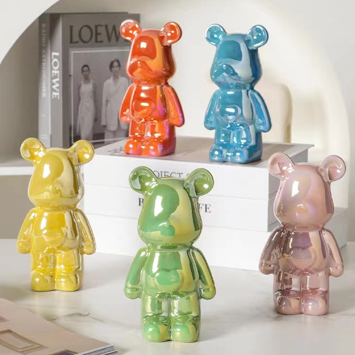 โมเดลตุ๊กตาหมีเซรามิค กระปุกออมสินหมี เคลือบสีเงา ตกแต่งบ้าน ห้องนั้งเล่น (ขนาด15/18/21cm.)