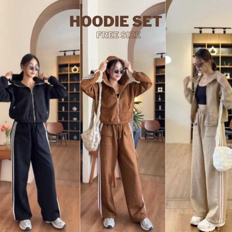 แถบข้างHoodie Set - ชุดเซ็ตเสื้อคลุม+กางเกง งานผ้าฝ้ายปั้มนูนตัวอักษรเล็ก มีหลายสีให้เลือก