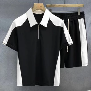 TS MEN เสื้อเซ็ตผู้ชาย กางเกงขาสั้นผู้ชาย (เสื้อ+กางเกงขาสั้น) ดีไซน์เก๋ ขนาดมาตรฐาน（สีดำ สีขาว）TZ14
