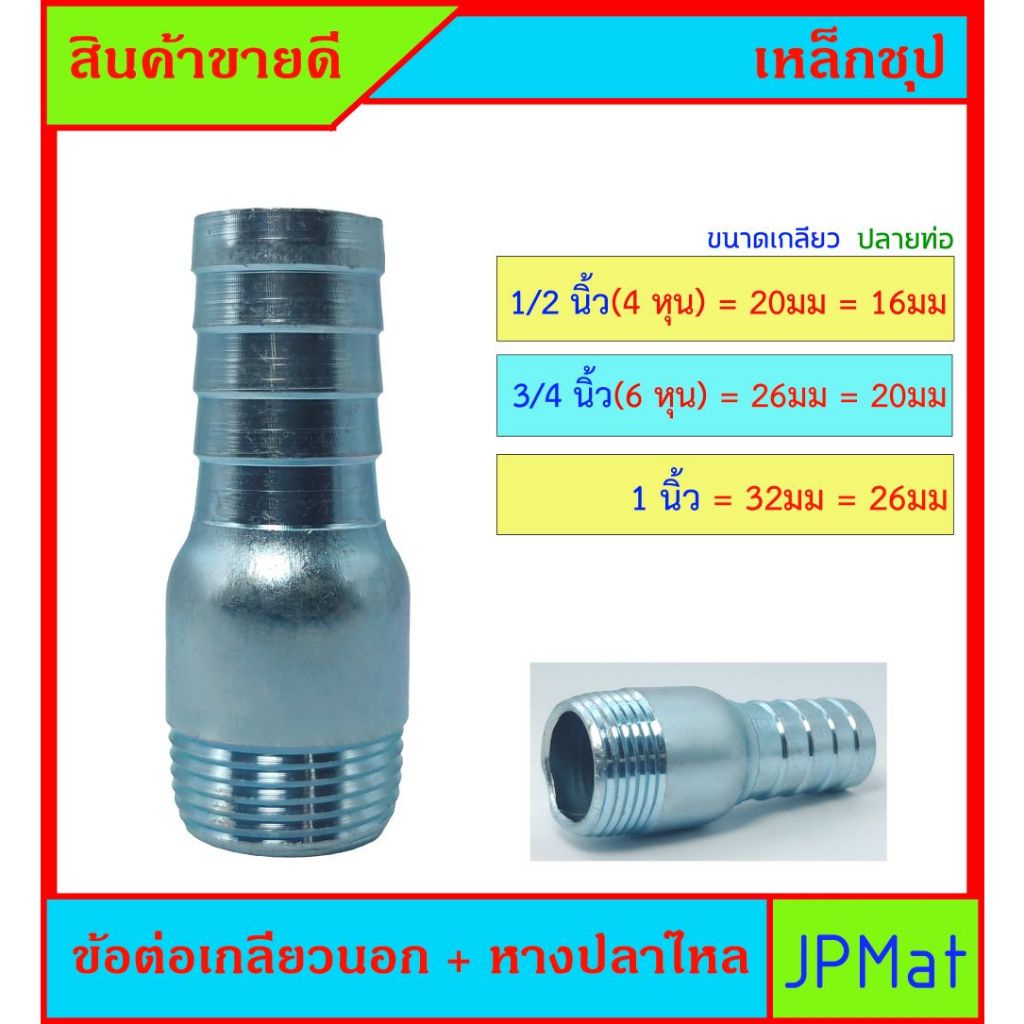 ข้อต่อเกลียวนอก+หางปลาไหล เหล็กชุปซิ้งค์ มีขนาด 1/2 นิ้ว(4 หุน) - 3/4 นิ้ว(6หุน) - 1 นิ้ว สำหรับต่อเ