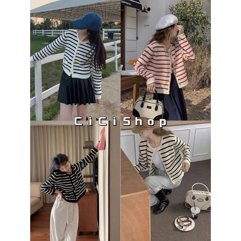 Cicishop(A1262)เสื้อไหมพรมแขนยาว คอกลม กระดุมด้านหน้า ดีเทลกระเป๋าหลอก สไตล์ฝรั่งเศส