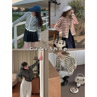 Cicishop(A1262)เสื้อไหมพรมแขนยาว คอกลม กระดุมด้านหน้า ดีเทลกระเป๋าหลอก สไตล์ฝรั่งเศส