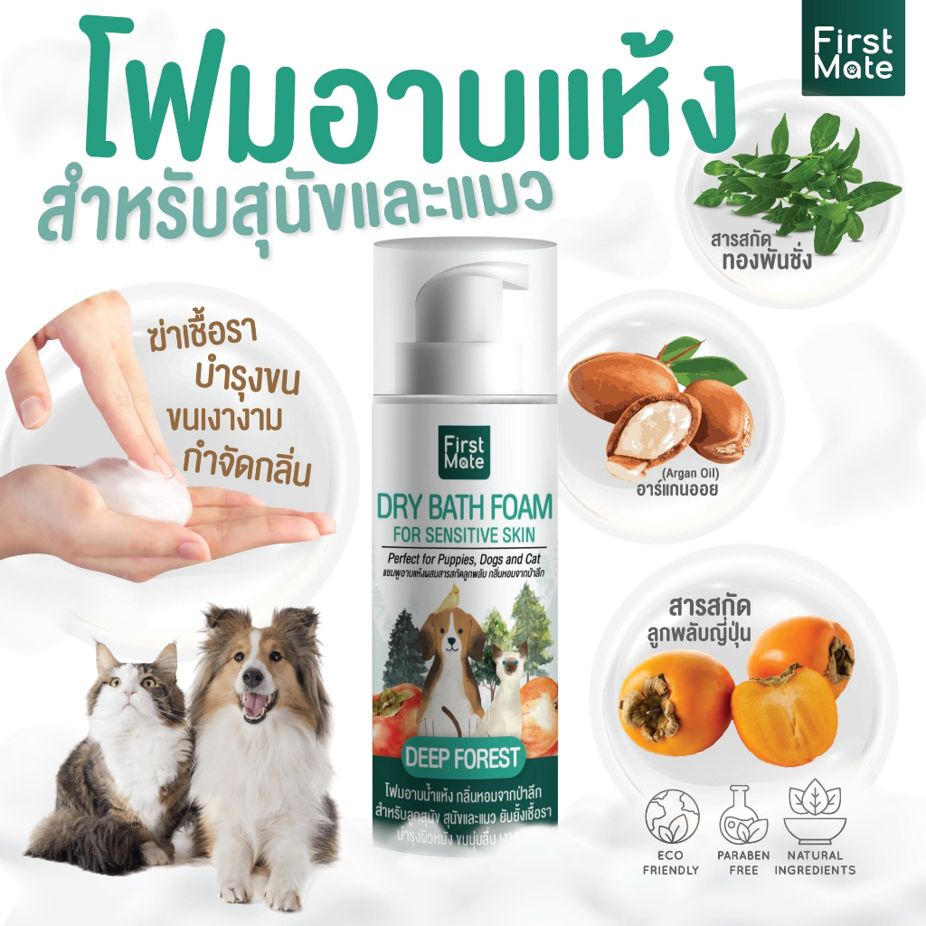 แชมพู อาบน้ำแห้ง สุนัข แมว ผสมลูกพลับญี่ปุ่นสกัด กลิ่นดีปฟอเรสท์ FirstMate Dry Bath Foam 250g.