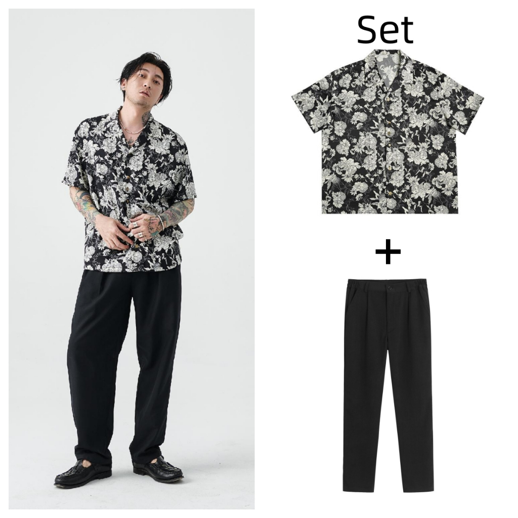 ดอกไม้ ย้อนยุค เสื้อเชิ้ตผู้ชาย สไตล์ญี่ปุ่นสีเข้ม ยับยาก เสื้อเชิ้ตเกาหลี เหมาะสำหรับคู่รัก ยามาโมโตะ