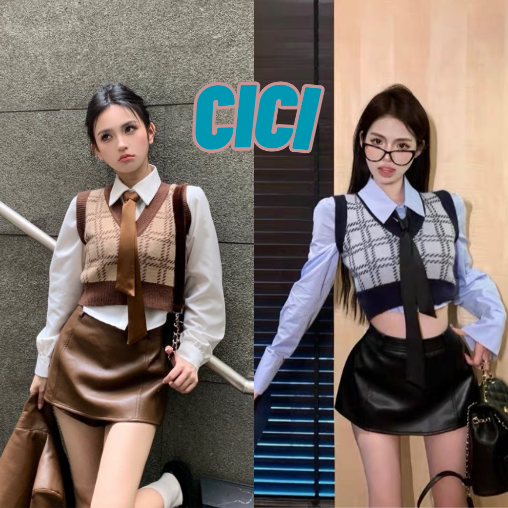 ส่งทันที Cici(NO. 2352)SET 3 ชิ้น(ใส่แยกได้) เสื้อครอปคอปกแขนยาว+กั๊กไหมพรม พร้อมที่ผูกไทด์คิ้วท์มาก สไตล์เกาหลี