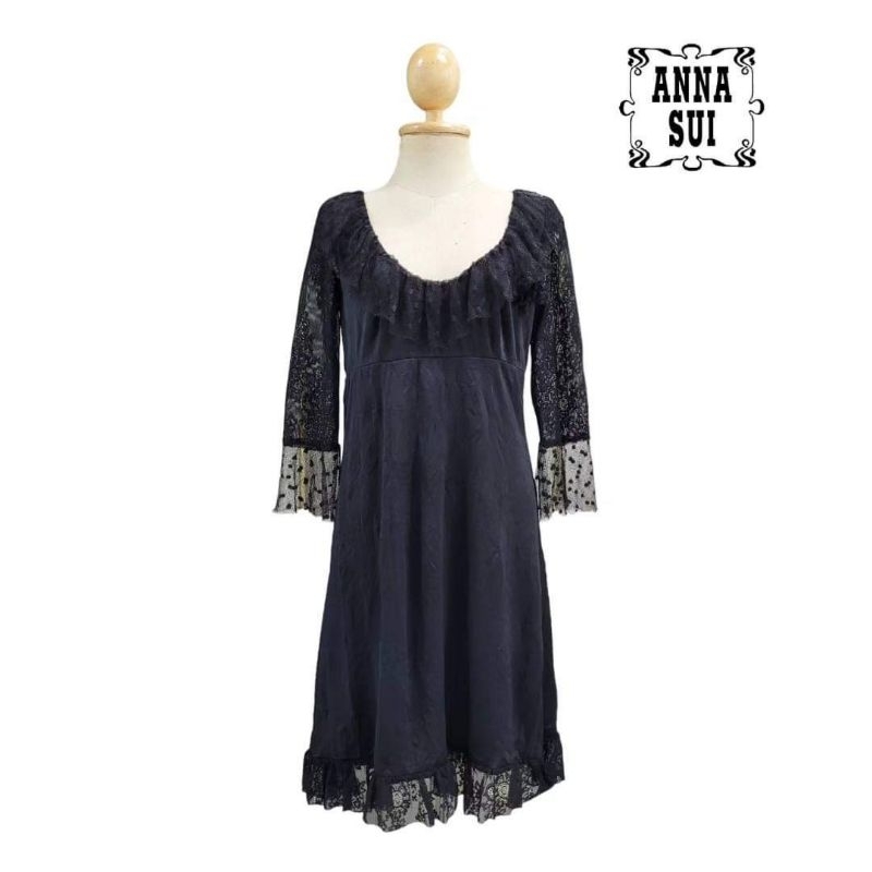 Anna Sui Lace Sleeve Trim Scoop Neck Dress