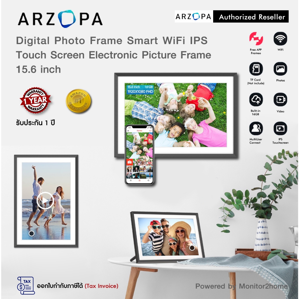 ARZOPA Digital Picture Frame 15.6" Smart WiFi IPS Touch Screen Electronic Photo Frame with 32GB Storage, Wall Mountable