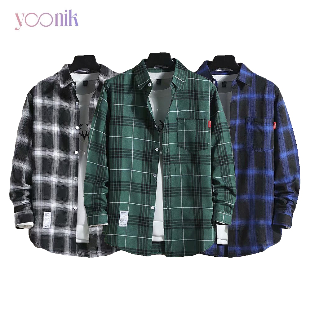 Yoonik เสื้อแขนยาว เสื้อลายสก็อต สไตล์อินเทรนด์