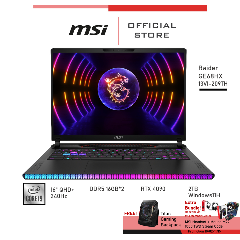 MSI Notebook (โน้ตบุ๊ค) Raider GE68HX 13VI-209TH (i9, Ram16*2, RTX4090, จอ16นิ้ว)