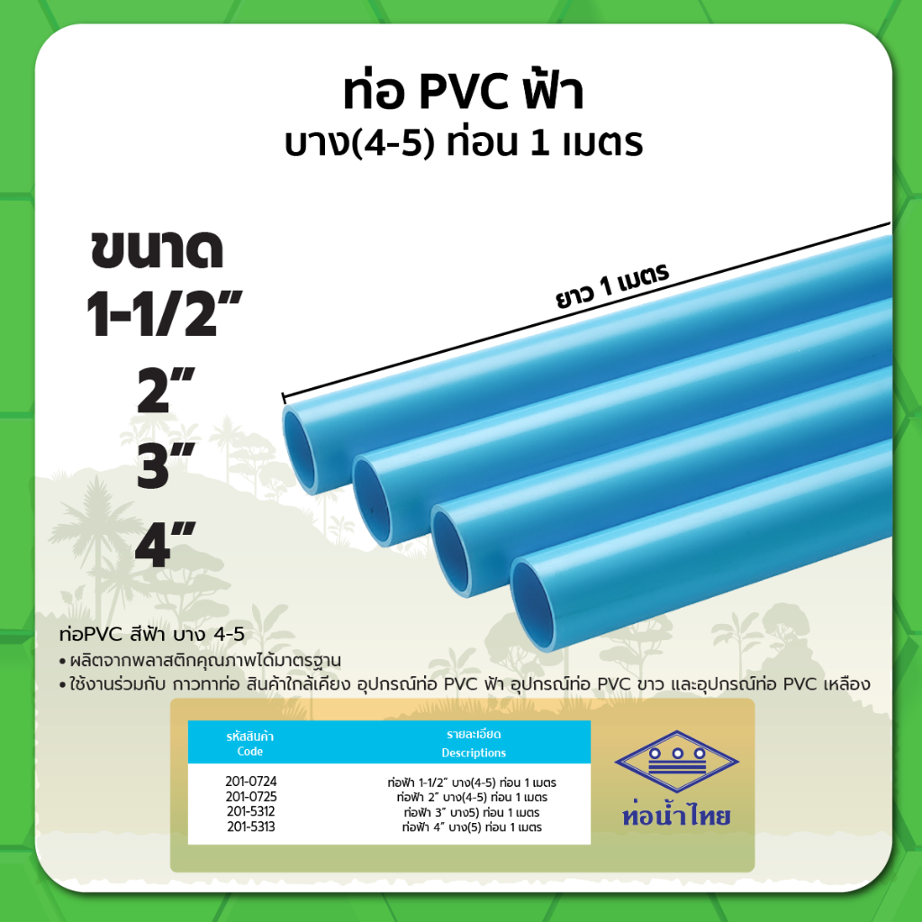 ท่อ PVC ฟ้า ขนาด 1-1/2" 2" 3" 4" บาง(4-5) (ท่อนx1ม.)
