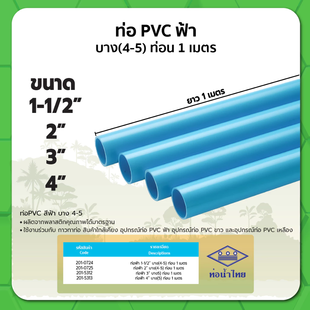 ท่อ PVC ฟ้า ขนาด 1-1/2" 2" 3" 4" บาง(4-5) (ท่อนx1ม.)