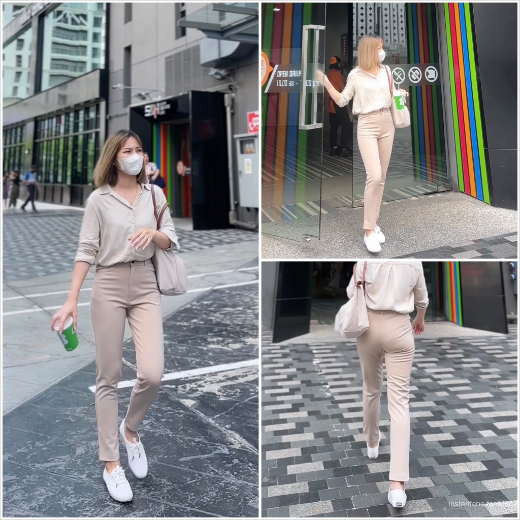 (890) ARTHITTAYA.BRAND กางเกงผ้าโรเชฟ 8-9 ส่วน รุ่นกระดุม หน้าเรียบ เอวสูง-สีครีม