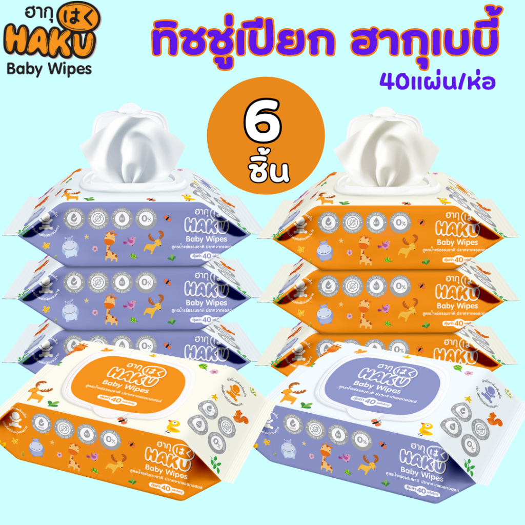 (6ชิ้น)ใหม่ ทิชชู่เปียก HAKU BABY (ฮากุ เบบี้)ทิชชู่เปียก สูตรอ่อนโยน สูตรน้ำแร่ธรรมชาติ 40 แผ่น/ห่อ (คละสี)