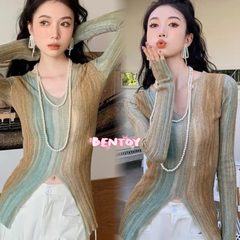 bentoy(841)เสื้อยืดแขนยาวไหมพรม ลายมัดย้อม หน้าวี สายเกาหลี