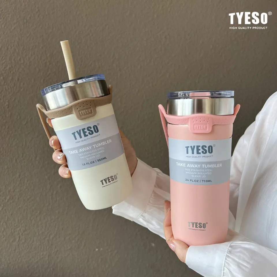 (New Tyeso แท้) แก้วน้ำสแตนเลส 8766-8767 ยกดื่มได้เลย แก้วเก็บความร้อน เก็บความเย็น ฝาเงา พร้อมสายยางหิ้วชิวๆ สวยงาม