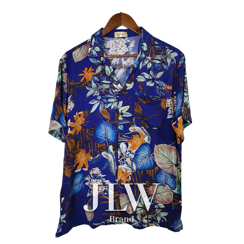 เสื้อฮาวาย ลายใบบัวน้ำเงิน ผ้าRayonนิ่มเย็นสบาย