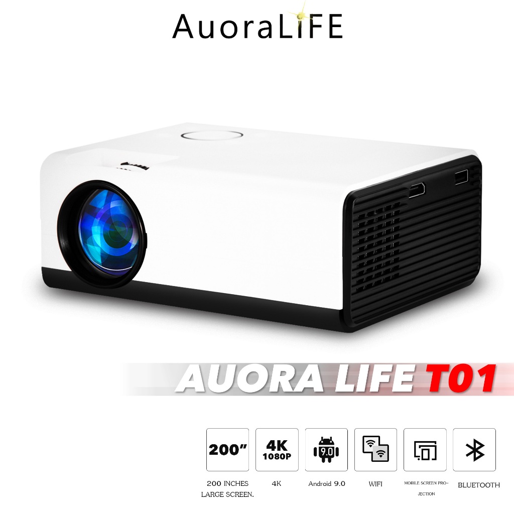 AuoraLife LCD Projector สําหรับแล็ปท็อป Android 9.0 1080P Bluetooth Mini Projector สําหรับโทรศัพท์มื