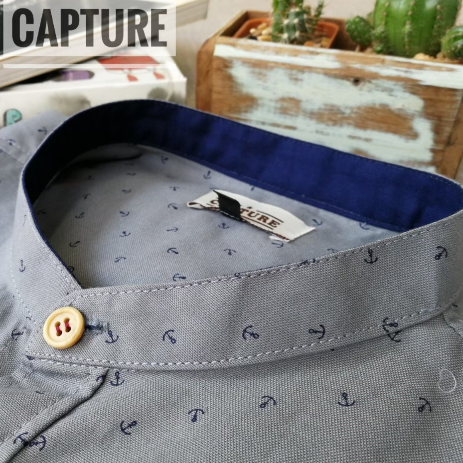 [S-4XL] เสื้อเชิ้ตผู้ชายคอปกแขนยาว ลายสมอ สีเทาดิน Men shirt CAPTURE BRAND