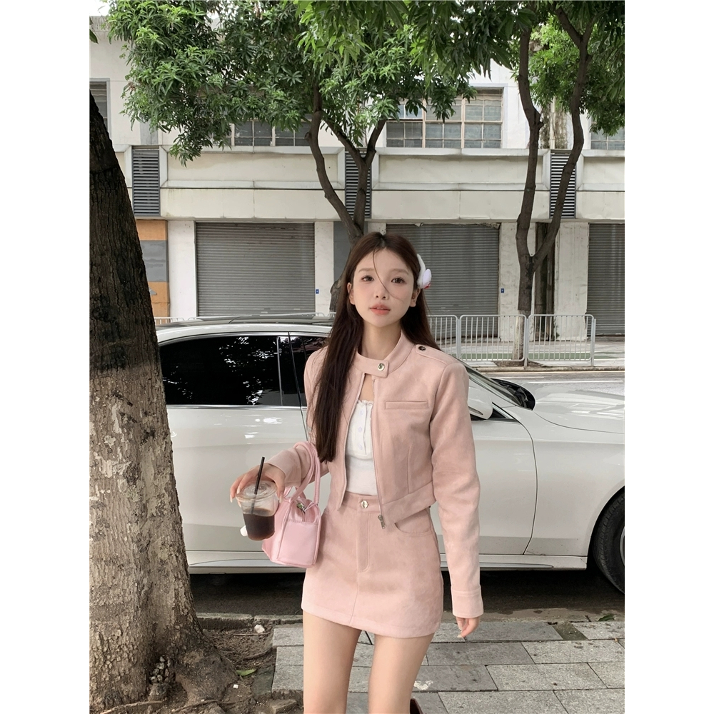 S120 ชุดเซ็ต2ชิ้น เสื้อแจ็คเก็ตแขนยาว กับมินิskirtหนังกลับ สีชมพูอ่อน งานดีหนังนุ่ม