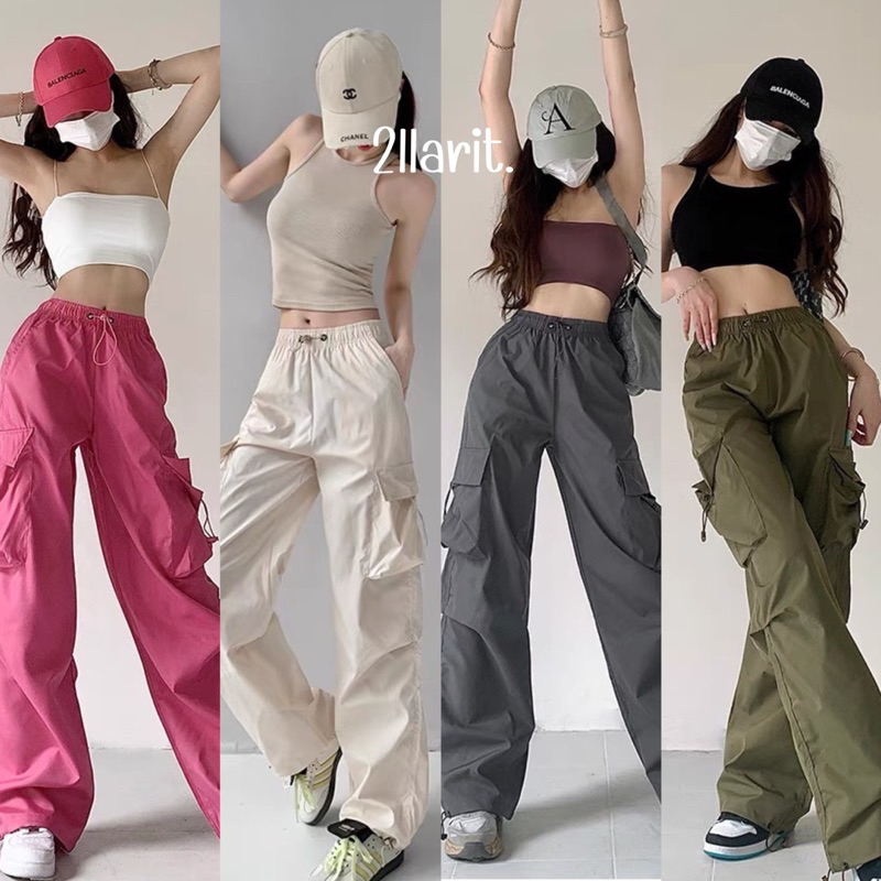 2llarit.9215#กางเกงขายาวผ้าร่มใส่สบาย สไตล์คาร์โก้ ผ้าลื่นทรงสวยงานตรงปก ป้าย k