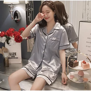 G111★ส่งจากไทย★ชุดนอนซาตินแขนสั้นขาสั้น สีพื้น แฟชั่นสไตล์เกาหลี