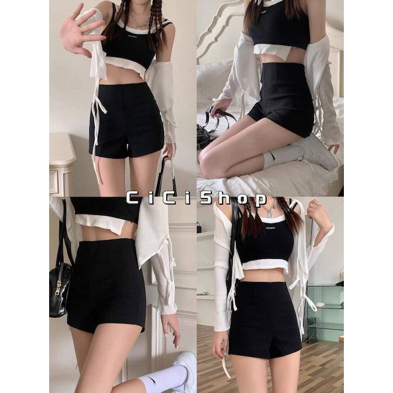 Cicishop(8888)กางเกงขาสั้น ผ้าสกินนี่ ดีเทลซิปหลัง ผ้ายืดใส่สบาย เเมทช์ได้หลายสไตล์