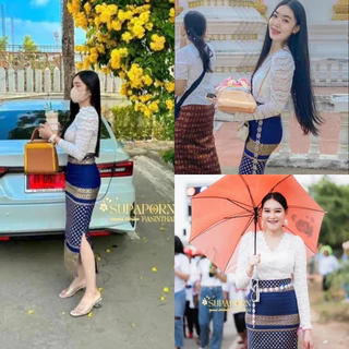 ผ้าถุงสกินนี่พิมพ์ลาย ลายหลุยห์ ทรงผ่า