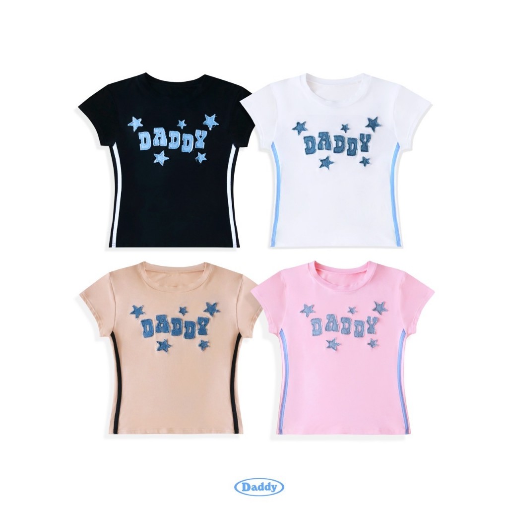 DADDY | Skipper Shirt เสื้อ Baby Tee รัดรูป ปักกรุยดาวผ้ายีนส์ สีดำ สีชมพู สีขาว สีครีม
