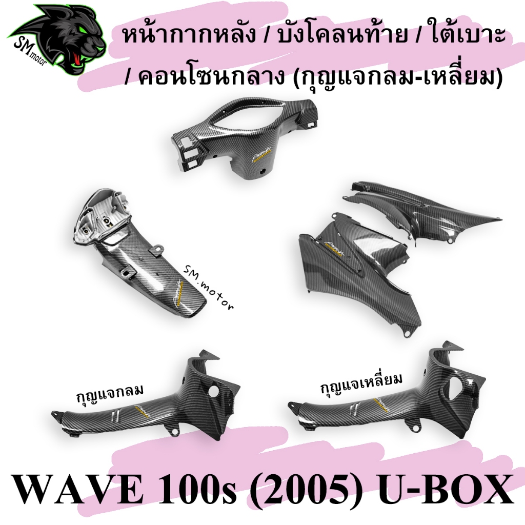 หน้ากากหลัง + คอนโซนกลาง (กุญแจกลม/เหลี่ยม) + ใต้เบาะ + บังโคลนท้าย บังโคลนหลัง WAVE 100 S (2005) U-BOX เคฟล่าลายสาน 5D
