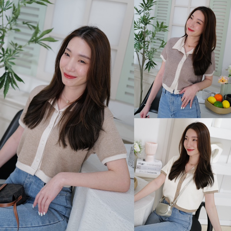 Crop ผ่าหน้าแต่งขอบคอปก ยาว 16/minimal