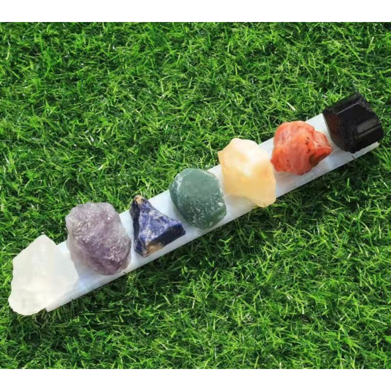 LARGE 7 Crystal Rough Chakra Set + Selenite LARGE  Charging Plate (Healing Stones, Chakra Stones, Se