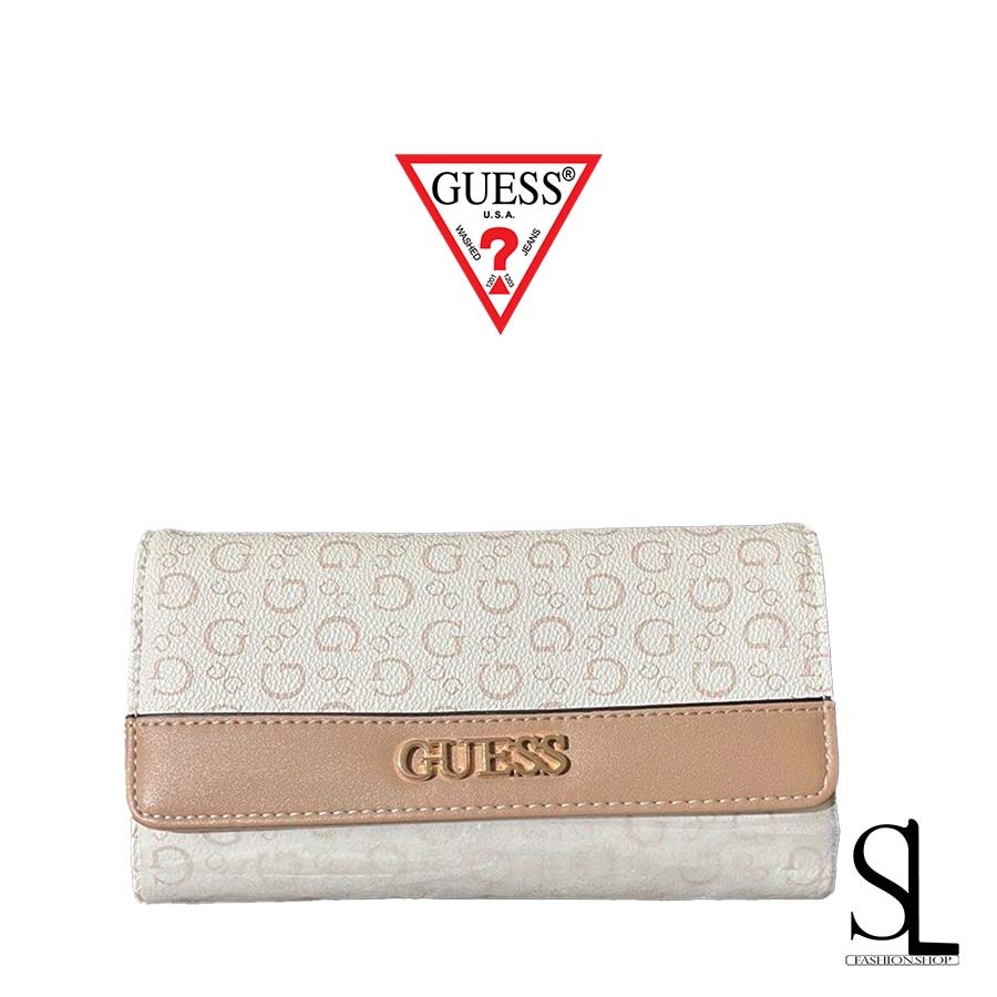 GUESS สีขาวคาดครีม กระเป๋าสตางค์ใบยาว สำหรับผู้หญิง รับประกันของแท้ รุ่น GUESS ELLISON SLIM CLUTCH พ