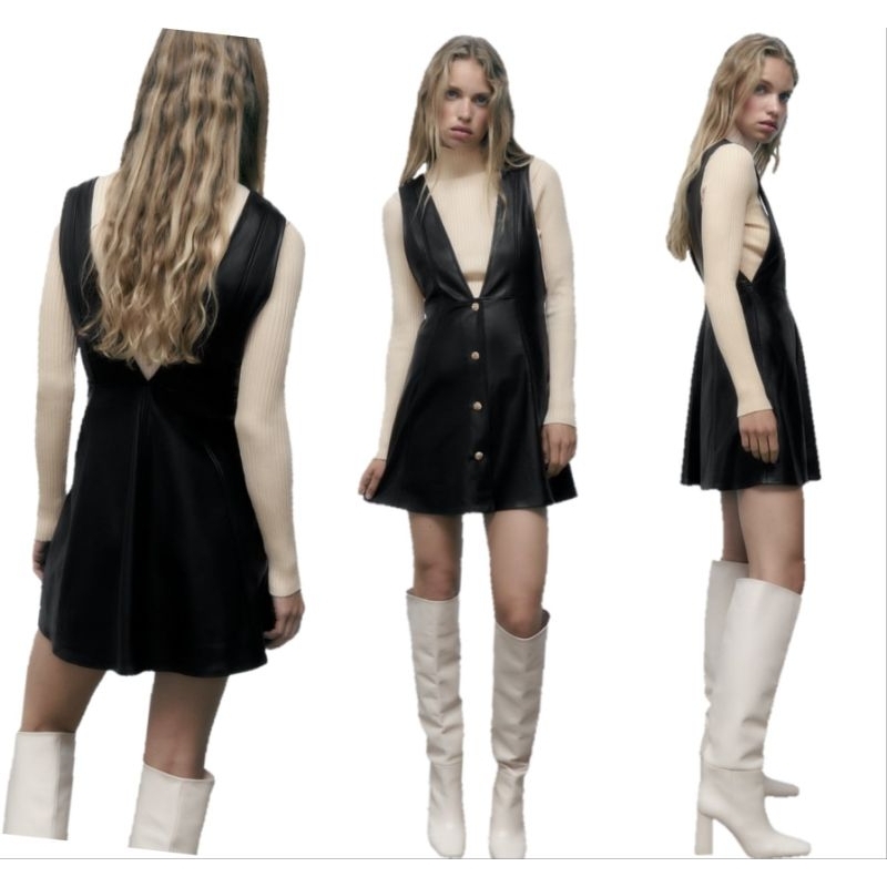 Zara Faux leather dress เดรสหนังสั้น แบรนด์Zara แต่งกระดุมทอง