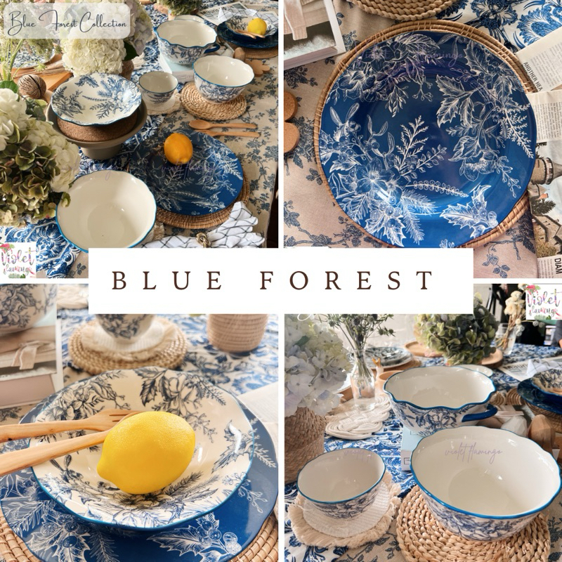 Violet Flamingo ชุดจานชามเซรามิค รุ่น Blue Forest จานสีน้ำเงินลายดอกไม้ต้นไม้ เข้าไมโครเวฟได้