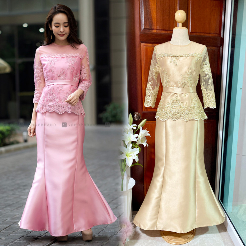 M-XXL✨ชุดผ้าไหม ชุดไทย เซท2ชิ้น เสื้อลูกไม้+กระโปรงทรงหางปลา สีชมพูกลีบบัว/สีทอง