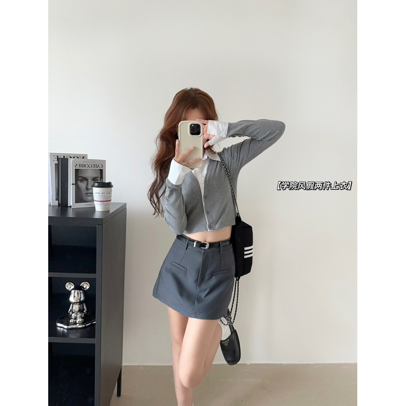 kloset A - เสื้อเชิ้ตคอปกต่อผ้าไหมพรม