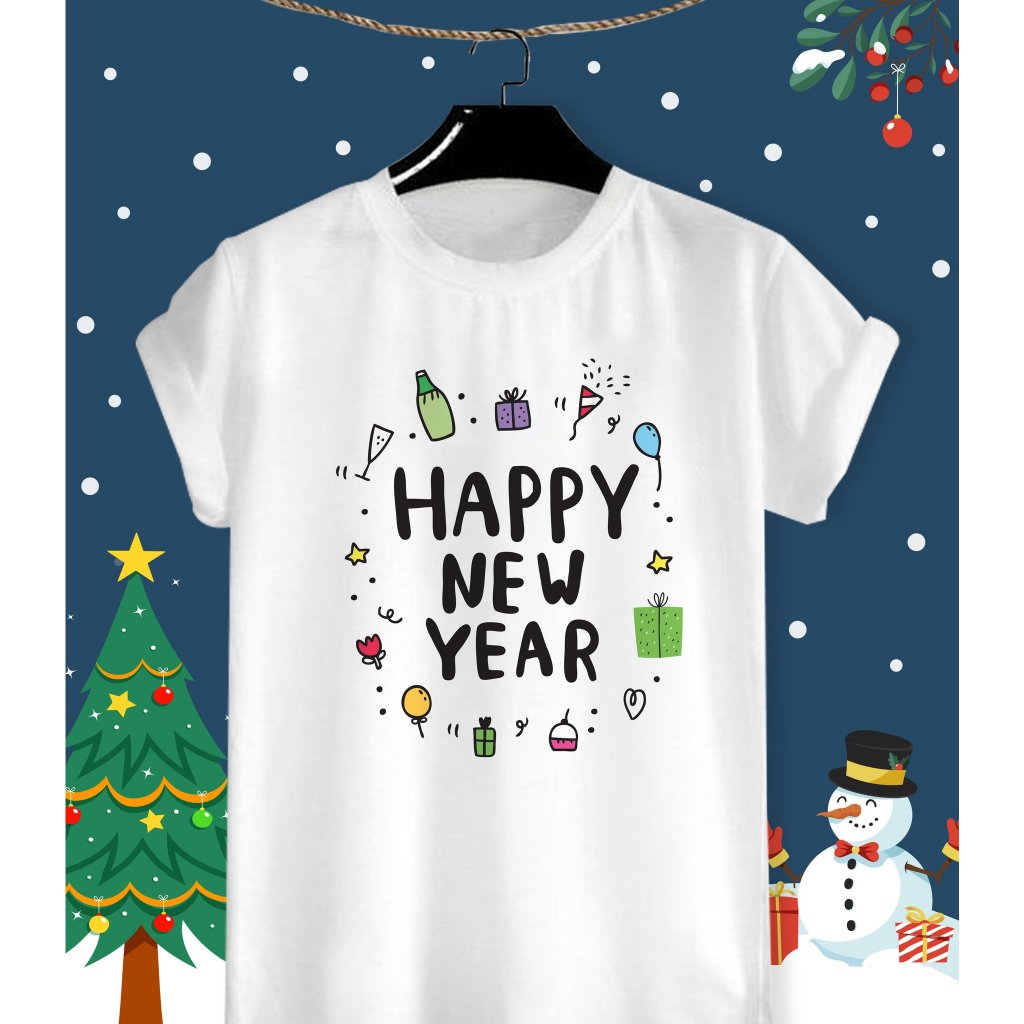 เสื้อยืดวันปีใหม่ Happy New Year&Merry X Mas เนื้อผ้า TK บางเบาสวมใส่สบาย