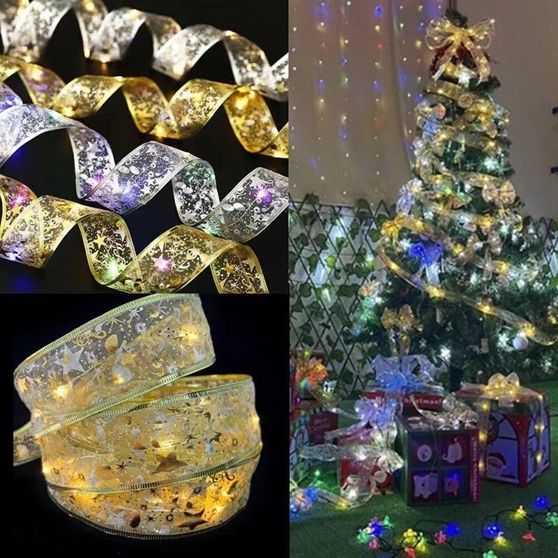 ริบบิ้น ประดับเลื่อม สีแดง ทอง สายไฟหิ่งห้อย LED ดวง. สําหรับแขวนตกแต่งต้นคริสต์มาส และเพดาน DIY