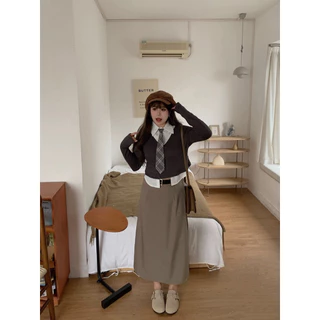 CiCi Plus+(J875)เสื้อแขนยาวไหมพรม ดีเทลเชิ้ตเย็บติดกัน มาพร้อมเนคไทด์ แฟชั่นหน้าหนาว สไตล์สาวพลัสไซส์