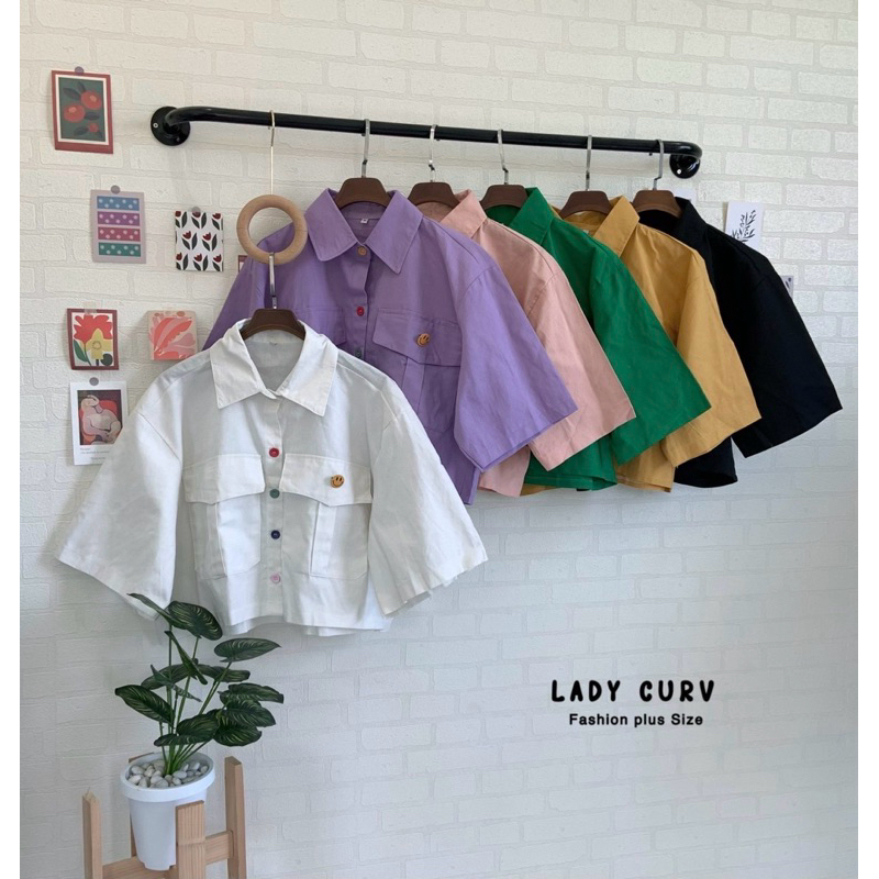 เสื้อเชิ้ตครอปกระดุมสีรุ้งสุดน่ารัก +เข็มกลัดหน้ายิ้ม plussize สาวอวบ