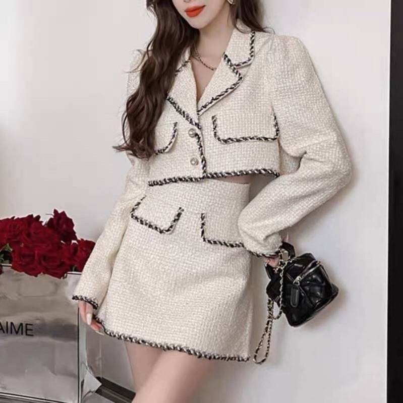 HLM17 ชุดเซ็ทผ้าทวิต เสื้อคอปกแขนยาว