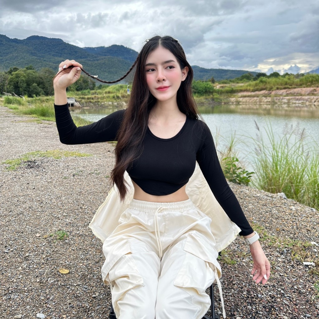 "PIN129 ครอปแขนยาวเว้า กาเหว่าB-004-2-AAAA