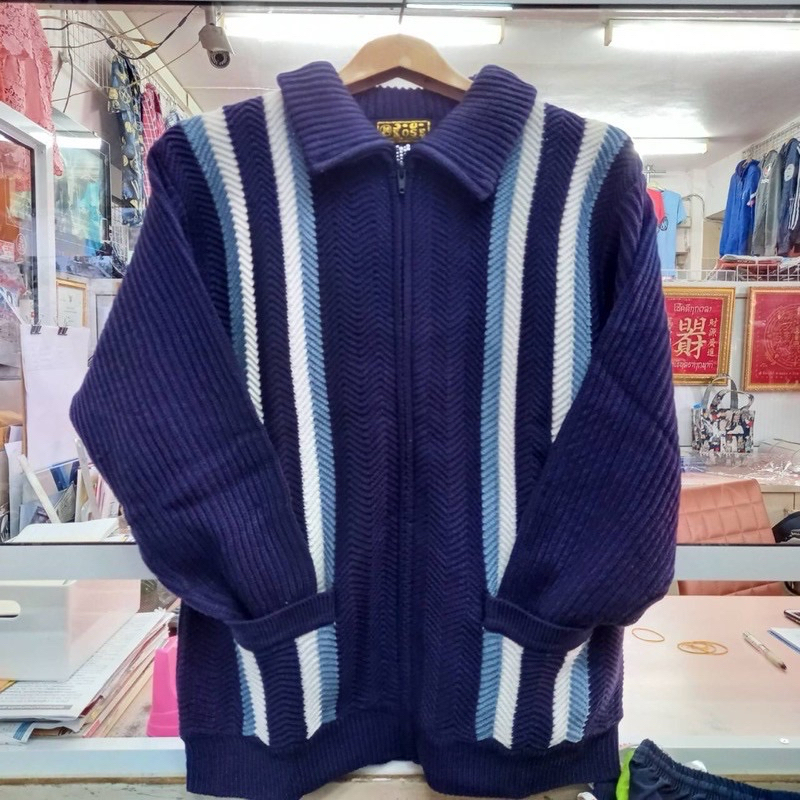 เสื้อกันหนาวไหมพรม สีพื้น/มีลาย คอปกมีซิปผ่าหน้า(ผู้ชาย)