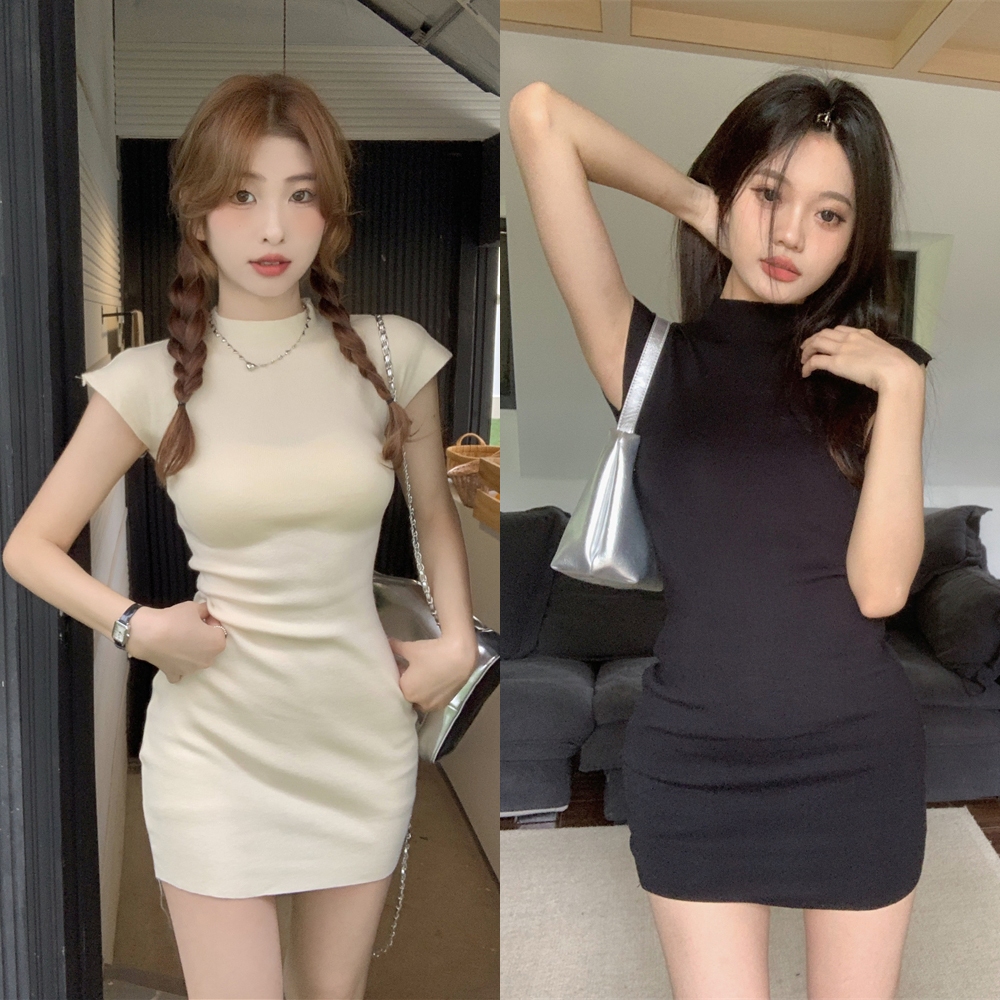 cherryshop เดรสผู้หญิง แขนสั้นผู้หญิงเซ็กซี่และน่ารักเดรสทูโทน สไตล์เกาหลีแน่นและยืดหยุ่น
