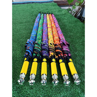 vip008ร่ม30นิ้วยูวี ดำโครงไฟเบอร์เหลือง ลายดาว  ด้ามจับพรีเม…