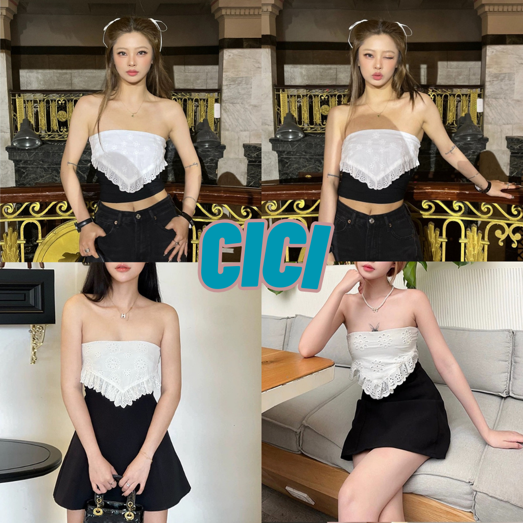 Cici(NO.879/881)เกาะอก/มินิเดรส สม็อกหลัง เข้ารูป เเต่งระบายลูกไม้ สไตล์สาวเกาหลี