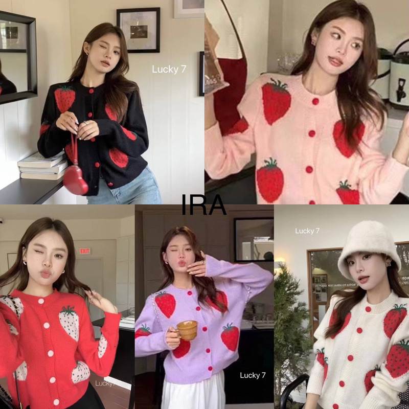 BY IRAเสื้อคาร์ดิแกนแขนยาว ผ้าถัก ปักลายสตรอเบอร์รี่ แฟชั่นฤดูใบไม้ร่วง สําหรับผู้หญิง