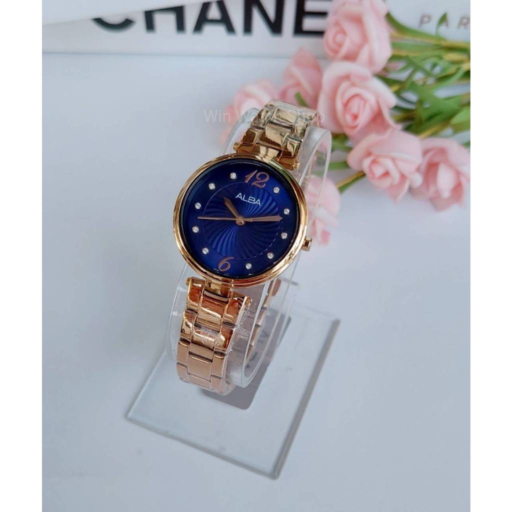 นาฬิกา ALBA รุ่น AH8728X นาฬิกาข้อมือผู้หญิงสายสีโรสโกลด์หน้าปัดสี Dark blue ของแท้ ประกันศูนย์ไทย
