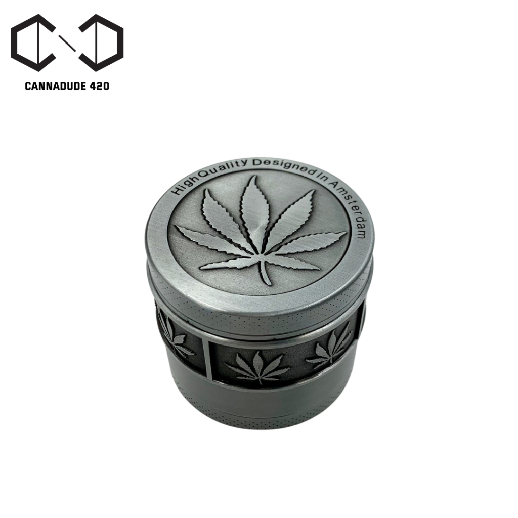 Grinder 4 Layer Leaf Silver Style 55mm Amsterdam Pattern leaf beside เครื่องบด ที่บด 4 ชั้น ลายใบ ด้านข้าง