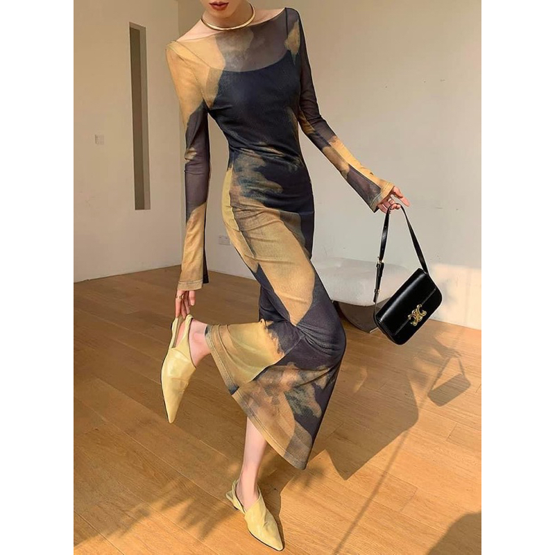 Mogwany  พร้อมส่ง L/พรี S,M / Maeve Dress เดรสพิมพ์ลายดำเหลือง ทรงสวยผ้ายืดหยุ่น มีซับในสายเดี่ยวแยก เก็บโค้ดหน้ากิจกรรม